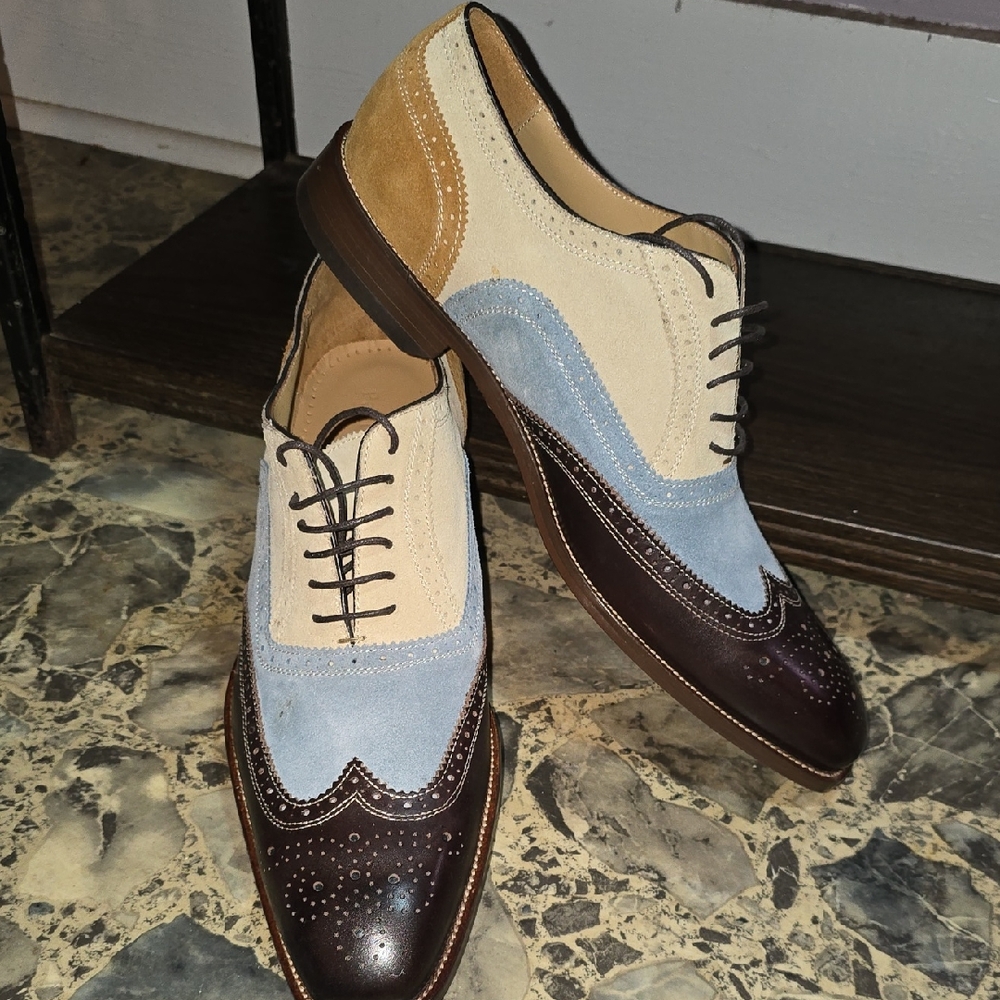 Paul Fredrick Two-Tone Oxford Shoes - Brown, Cream, and Blue